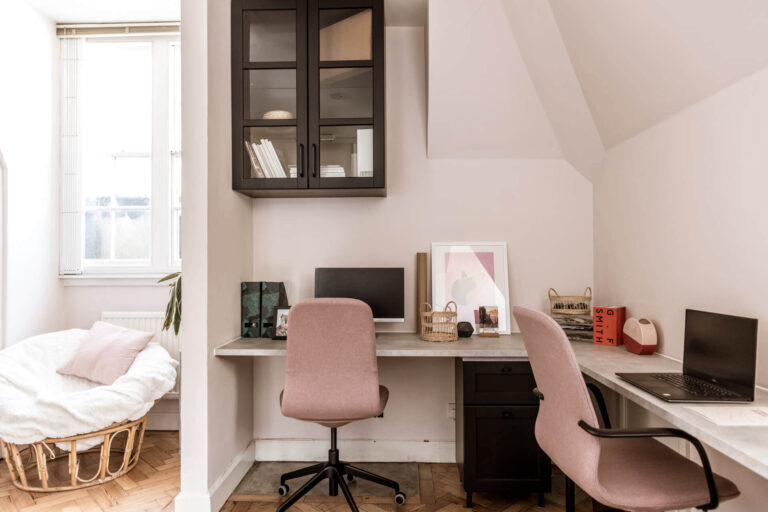Office One: Dulux Blush Pink walls accented with off-black cabinets and a concrete effect worktop