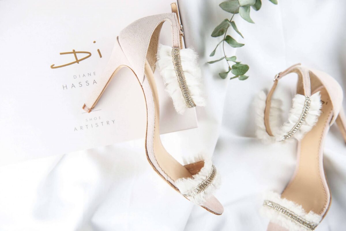 Wedding ankle strap with fringe heel above side view. Lifestyle fashion shoot for wedding shoe designer, Cotswold-based Diane Hassall by Studio Cotton