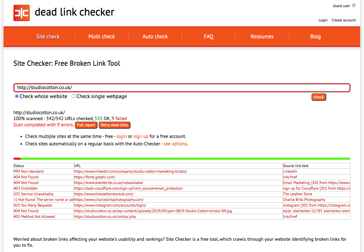 SEO tool screenshot: Broken link checker
