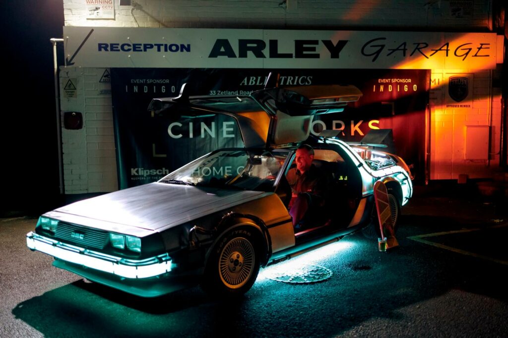 Replica Delorean from Back to the Future at the Cinemaworks showroom launch