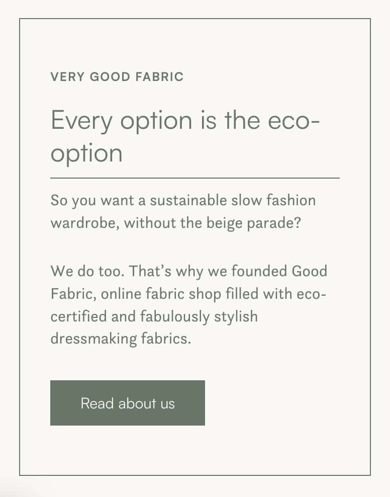 A screenshot from the Good Fabric website showing different levels of heading that help with improving ecommerce homepage SEO