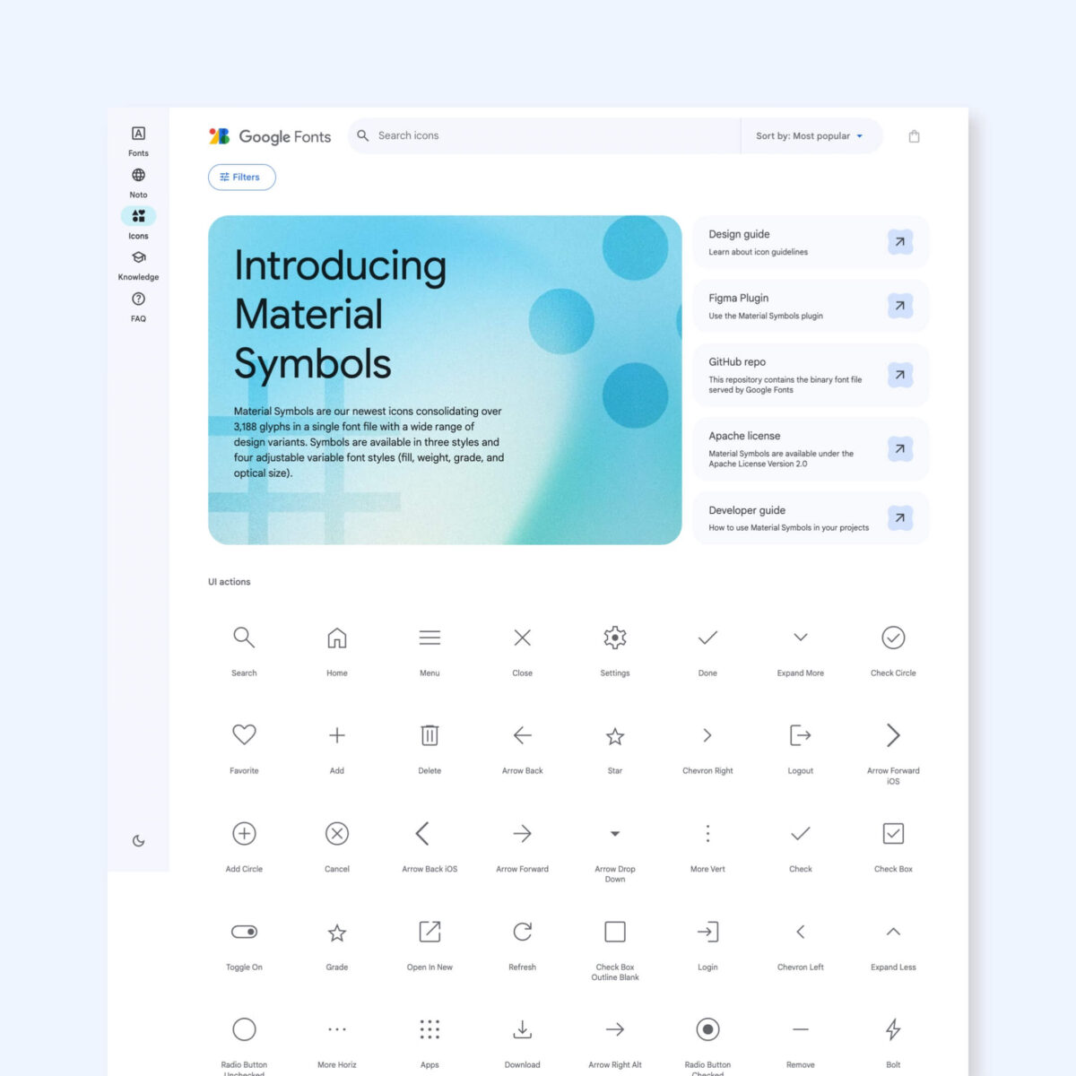 Screenshot of the Google Fonts Material Symbols library