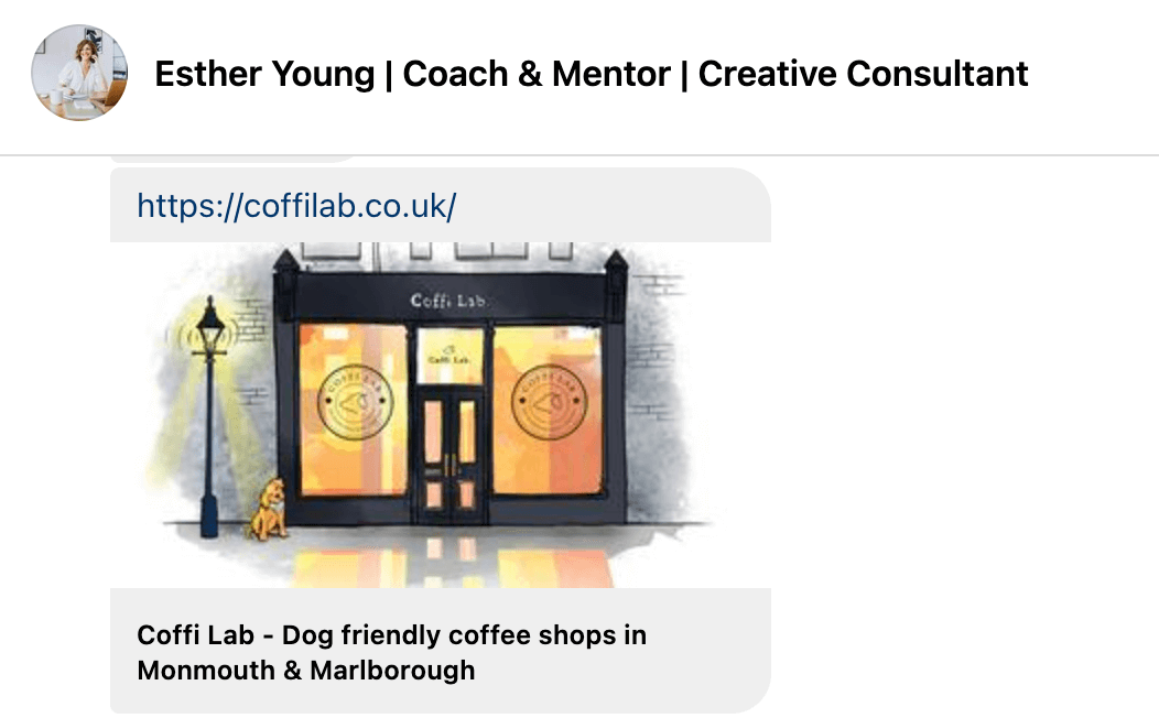 Screenshot of an Instagram conversation where the meta data for the Coffi Lab website reads 'Dog-Friendly Coffee Shops in Monmouth & Marlborough