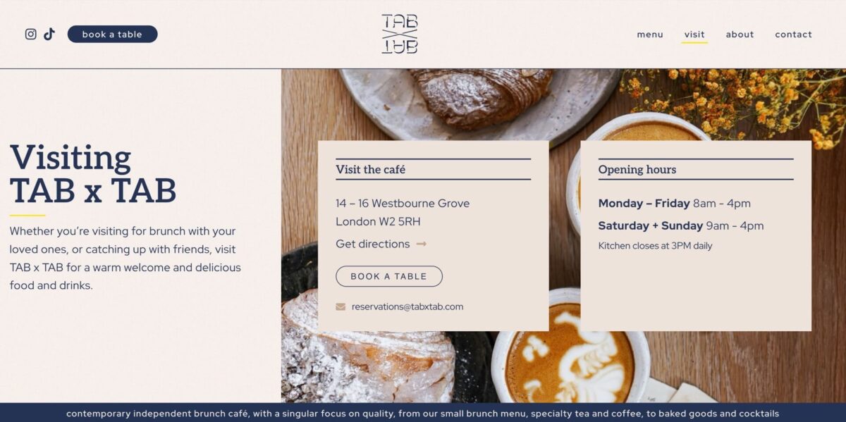 Screenshot of the visit up page for TABxTAB cafe in London