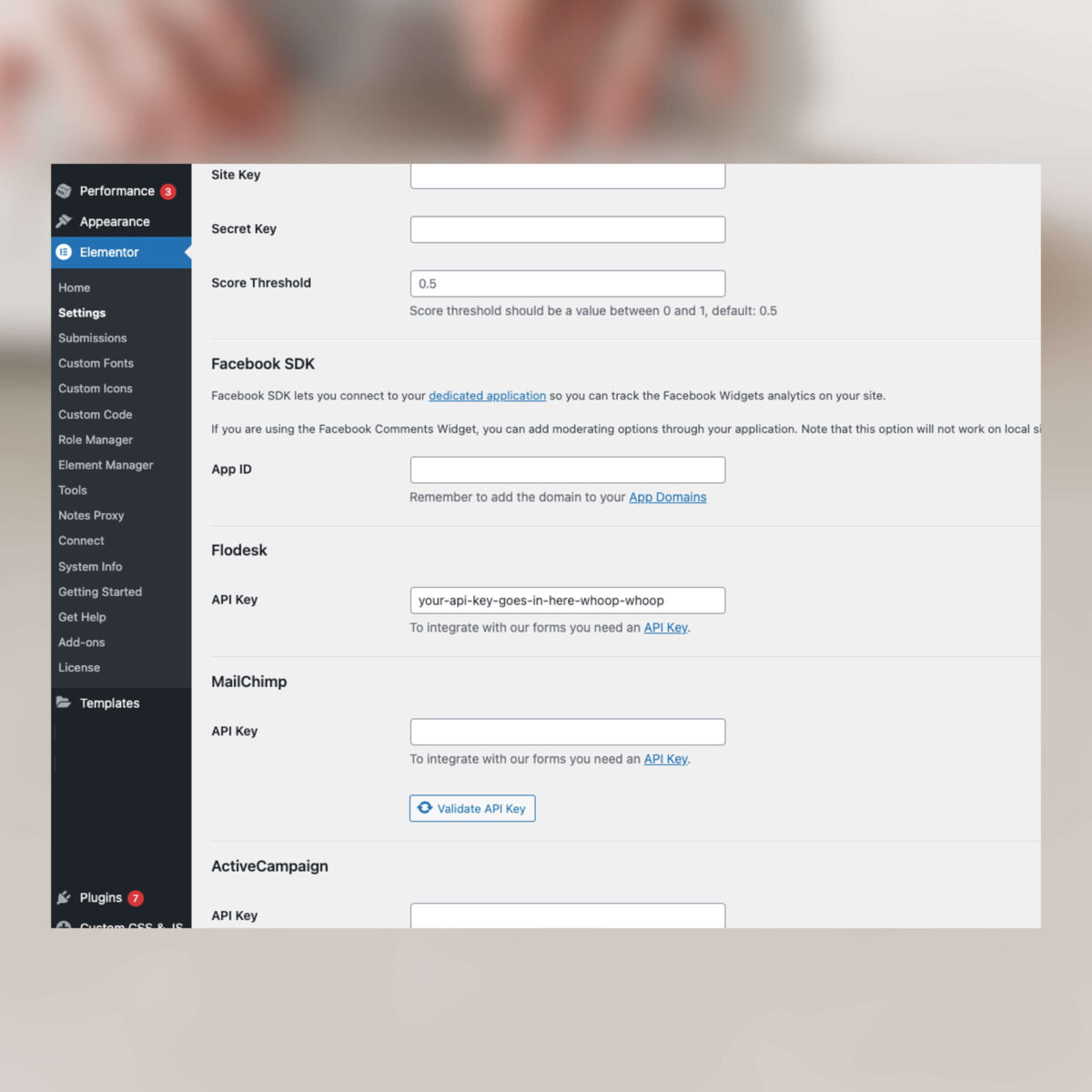 Screenshot: adding the Flodesk API to your account via the Elementor Plugin on your WordPress dashboard. 