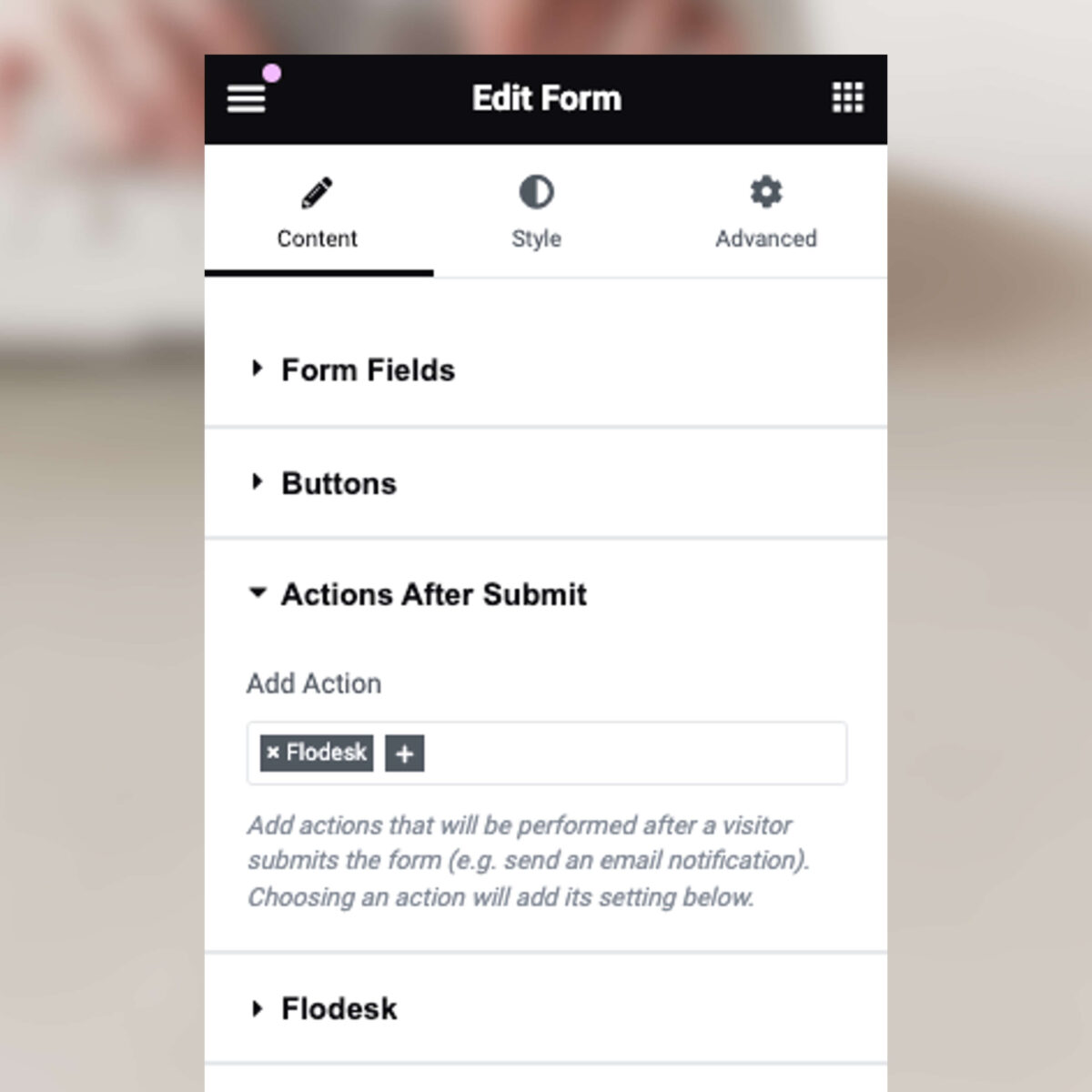 Screenshot: Elementor Pro Form Widget with Flodesk added in the Actions After Submit section