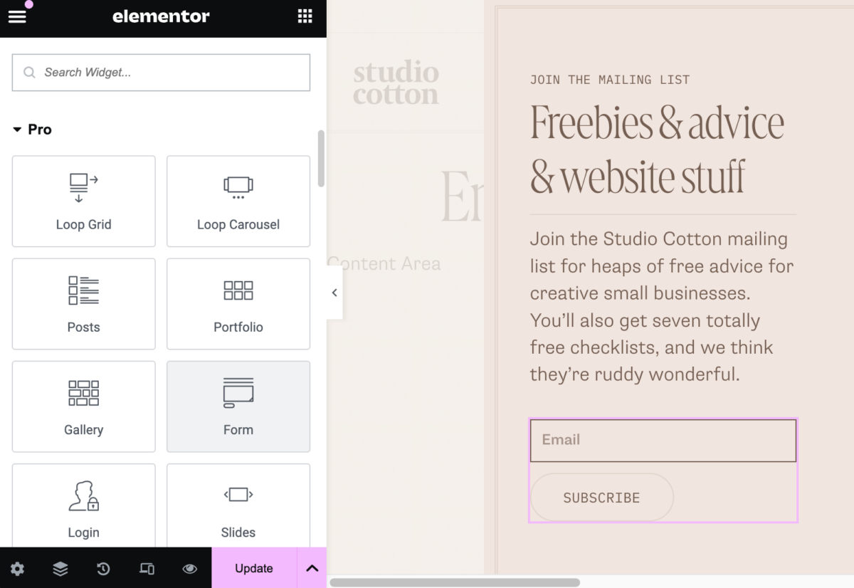 Screenshot: Elementor widget selection (form widget highlighted)