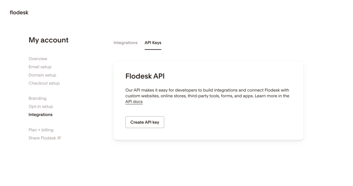 Screenshot: Creating an API Key via My account on Flodesk