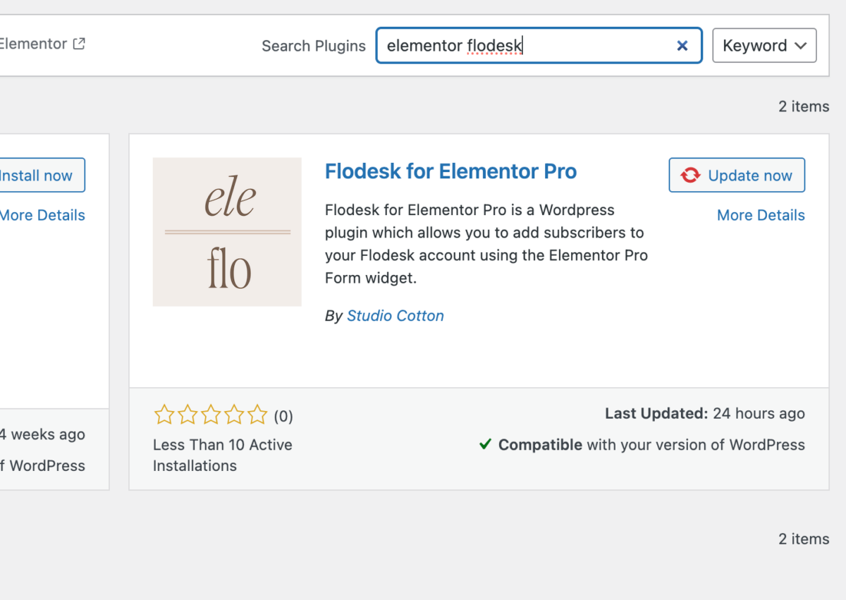 Screenshot: Flodesk for Elementor Pro in the WordPress plugin library accessed via WordPress Dashboard